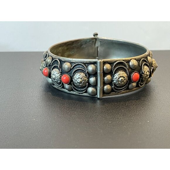 Silvertone Hinged Bangle Bracelet With Red Glass Stones - Missing Stones - Picture 7 of 11